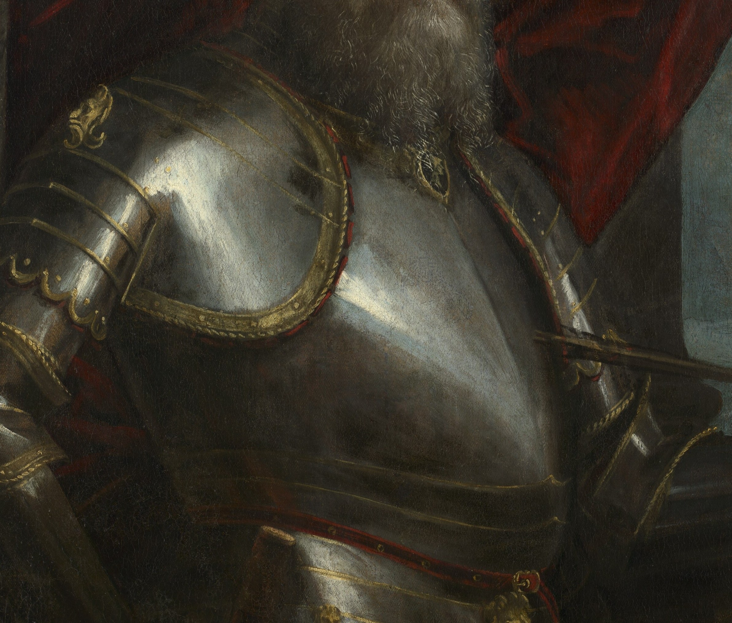 Veronese's metallic rendering shows reflected light and scratched surface, typical of Venetian virtuoso armor passages; a slow zoom could trace the light source across the chest