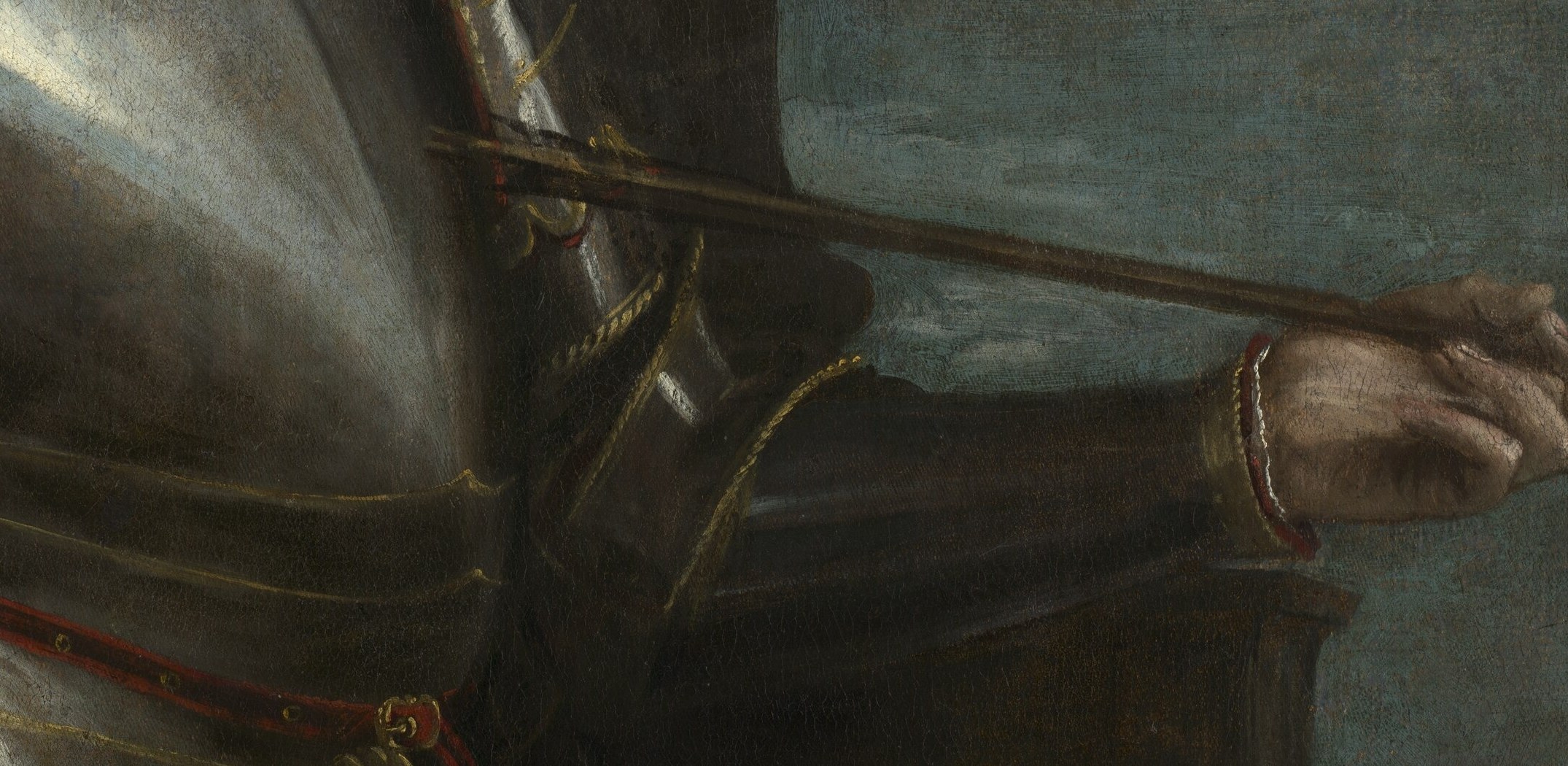 The single most decipherable symbol in the image: Barbarigo was killed by an arrow through the eye at Lepanto 1571 , holding his death-weapon is a memento mori embedded in a victory portrait