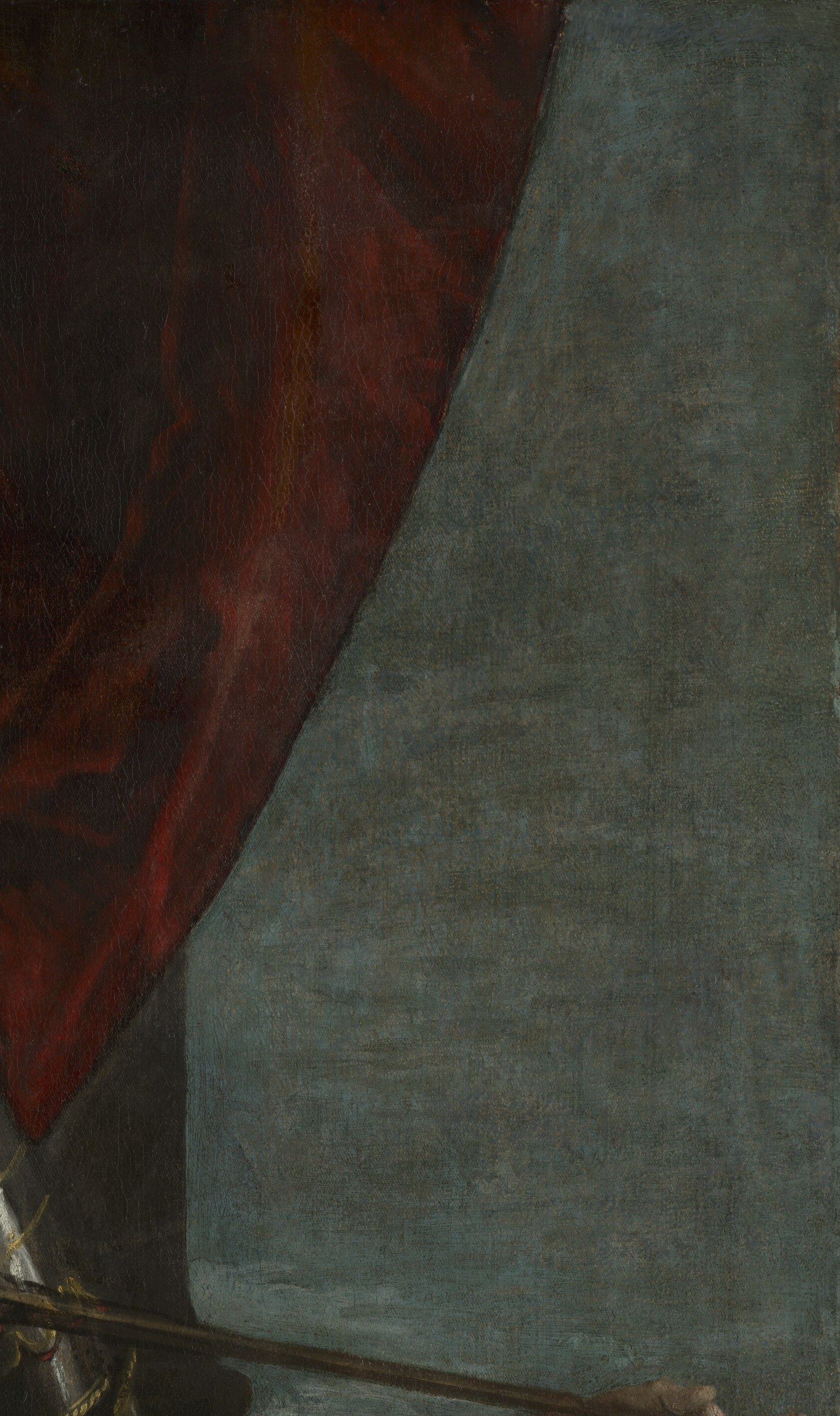 Per the description this red is a deliberate allusion to blood and death , its rich warmth against the cool silver armor creates the painting's central color drama