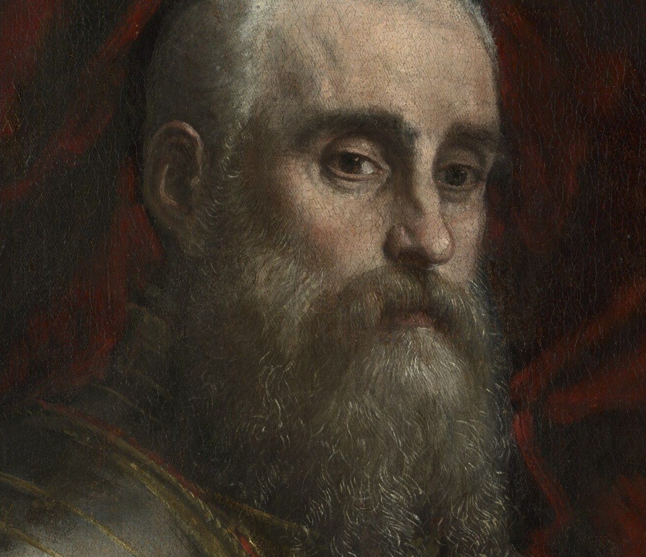 Veronese renders each strand individually; the silver-white beard against the dark armor signals age and command authority while echoing the metallic palette of the breastplate