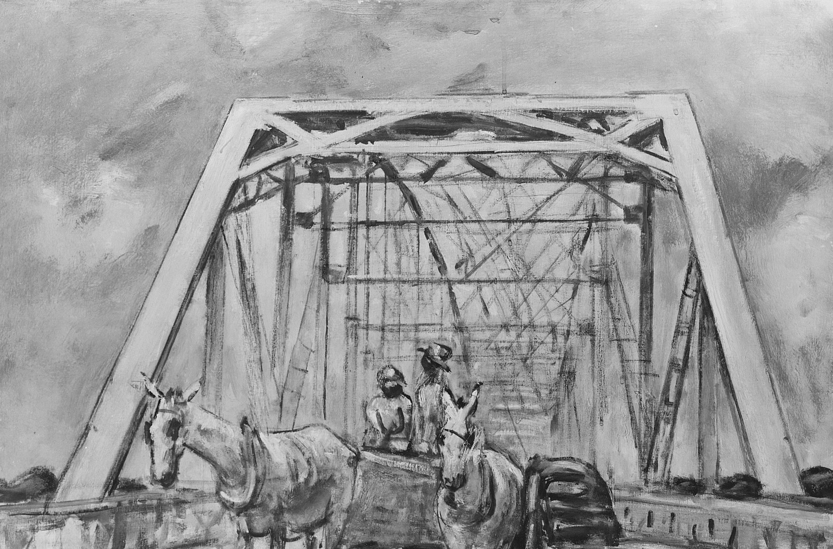 A massive iron-and-steel Pratt or Parker truss dominates the frame, its geometric lattice creating a dramatic stage that dwarfs the figures and speaks to early 20th-century American infrastructure.