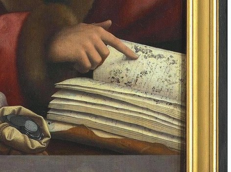 He clings to his gold and his open ledger book.
