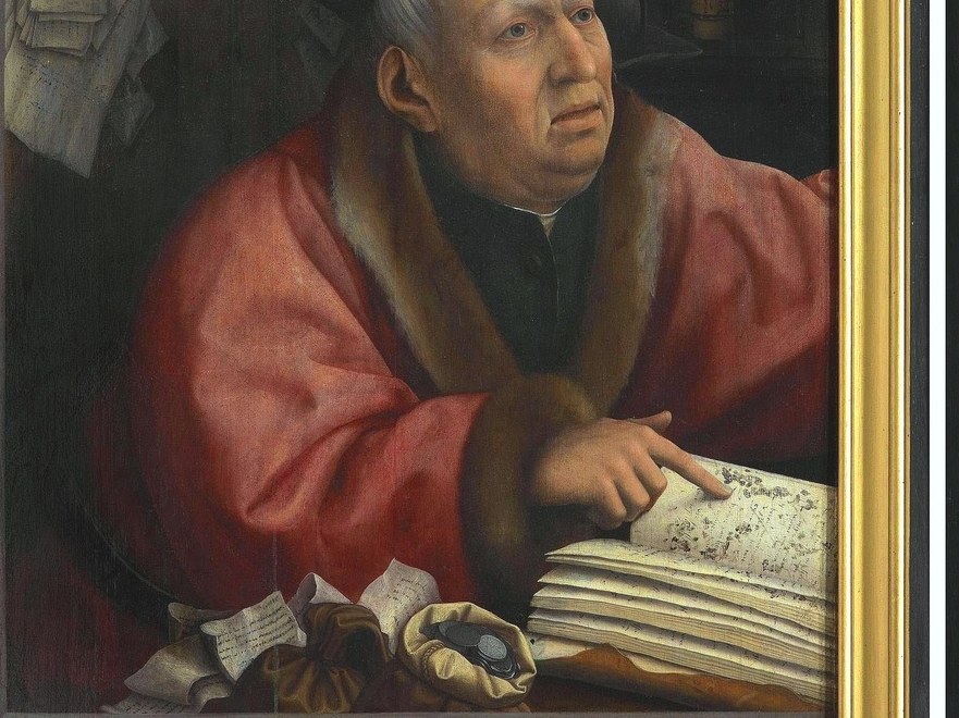 The luxurious fabric and fur trim signify wealth and status, which the miser is reluctant to part with.
