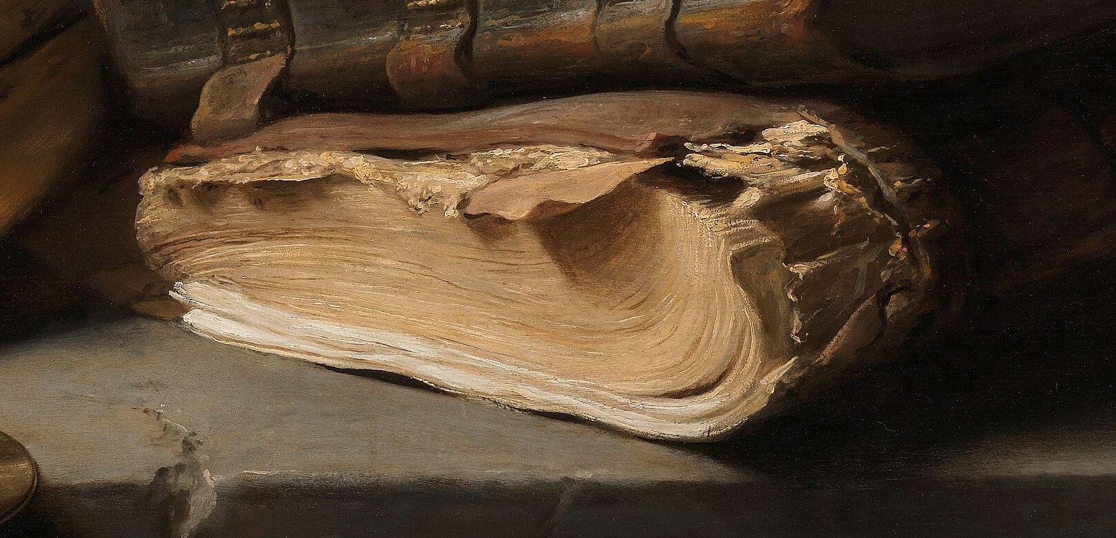 Its worn pages and detailed text represent knowledge, but also the decay of time and information.
