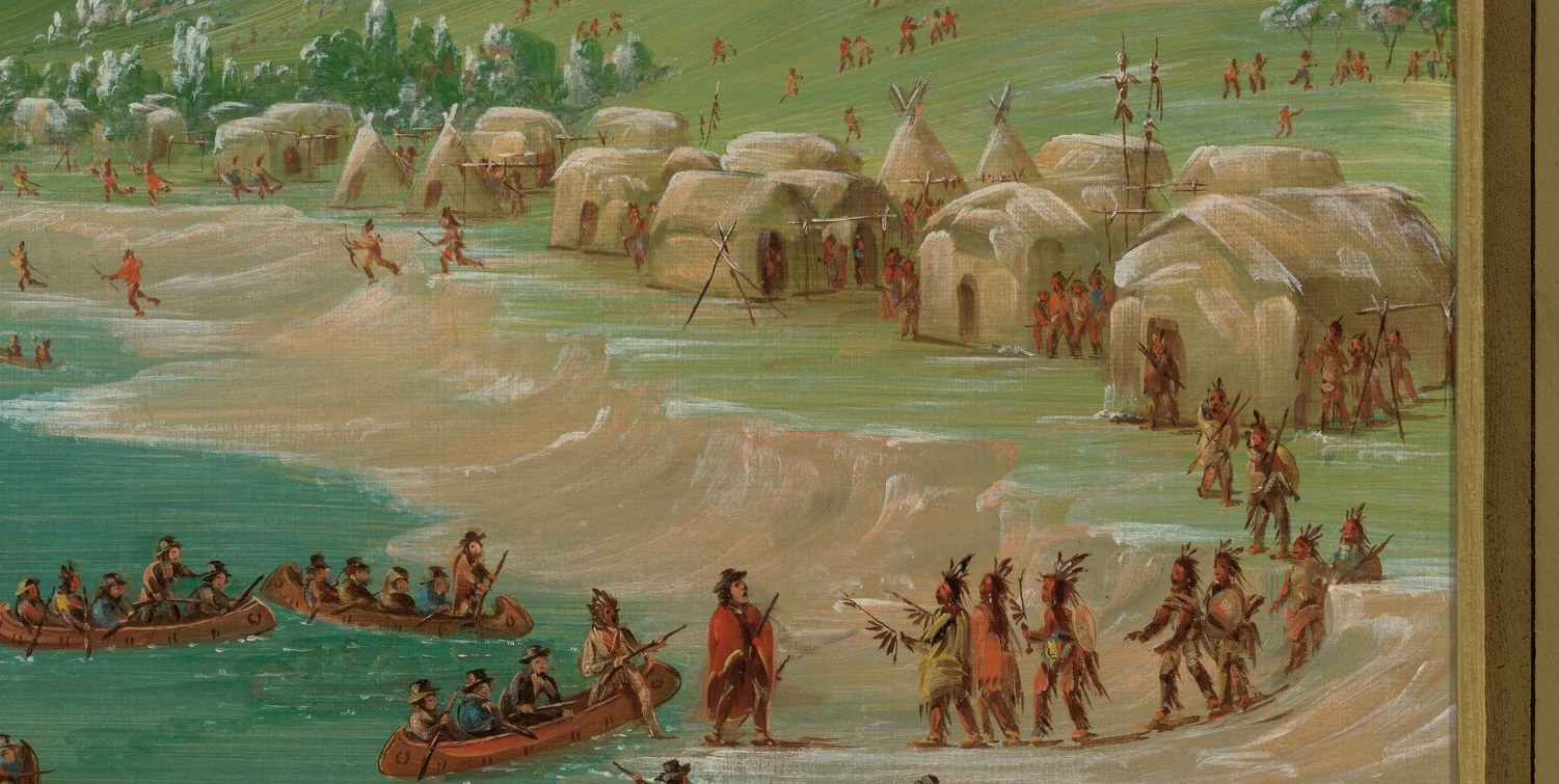 These structures, likely tipis or similar, reveal the architectural style and settlement pattern of the Illinois tribe.