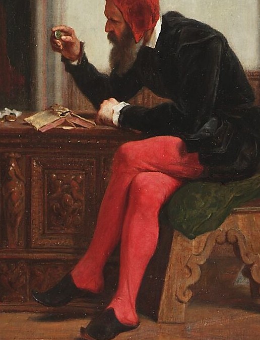 He is absorbed in a small book, his focus absolute.