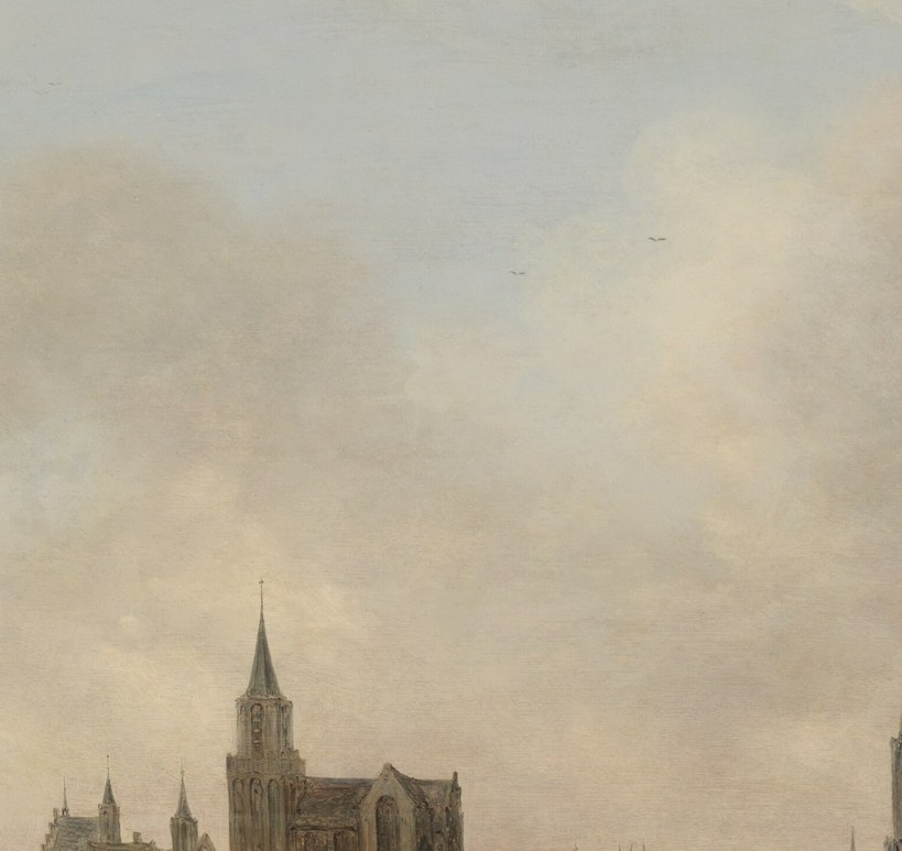 The dominant landmark of Emmerich , its heavy silhouette anchors the composition and lets viewers identify this as a real, mappable place in 1645