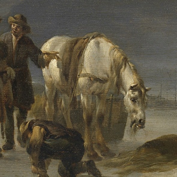 The white horse's breath steams in the icy air.