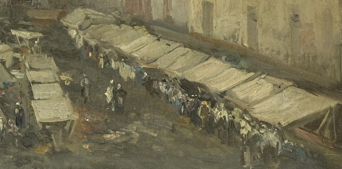 These stalls, with their textured awnings, suggest commerce and daily life, creating a sense of bustling activity.