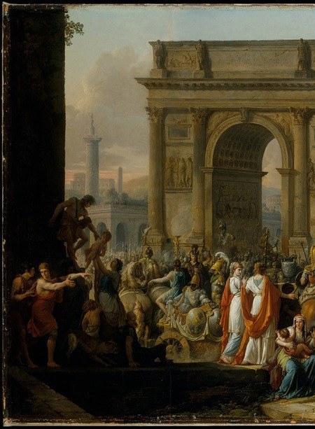 Acts as a repoussoir framing device while also functioning as Roman urban architecture; the deep shadow versus the bright procession beyond creates the painting's strongest tonal contrast.