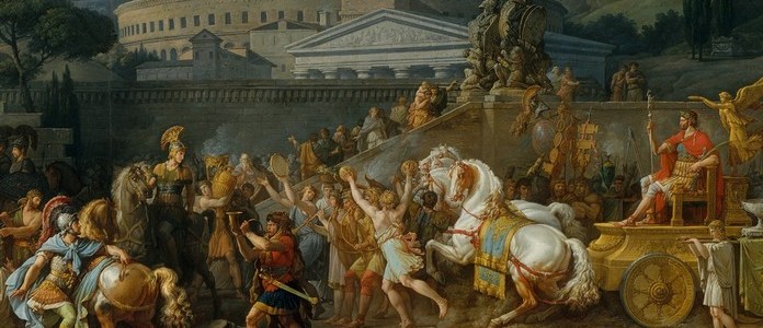 Classically obligatory white horses for a Roman triumph; their mass and pale luminosity anchor the center-right and give Vernet's colorist skill its clearest showcase in a dark procession.