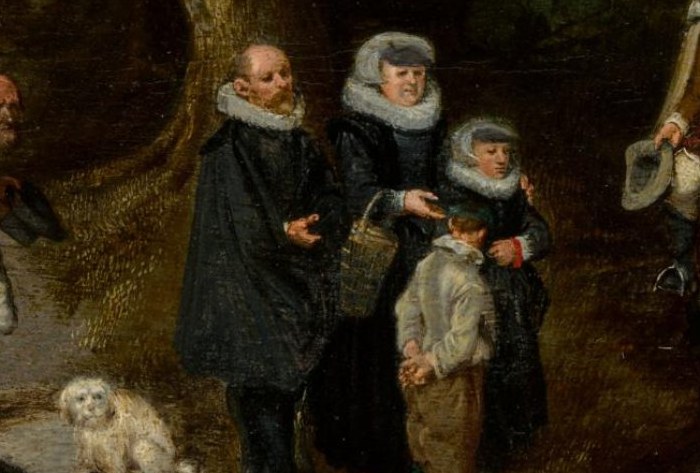 The group, including children and a dog, evokes a sense of everyday life and domesticity.