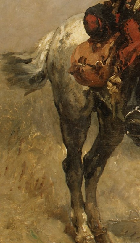 His sabre hangs unused. He is not riding to war.