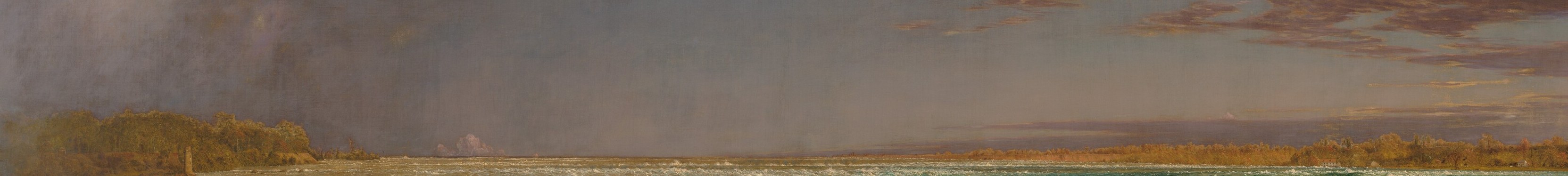 The wide curved lip where the river suddenly vanishes communicates the terrifying point of no return and gives the painting its vertiginous pull , the whole composition pivots on this line