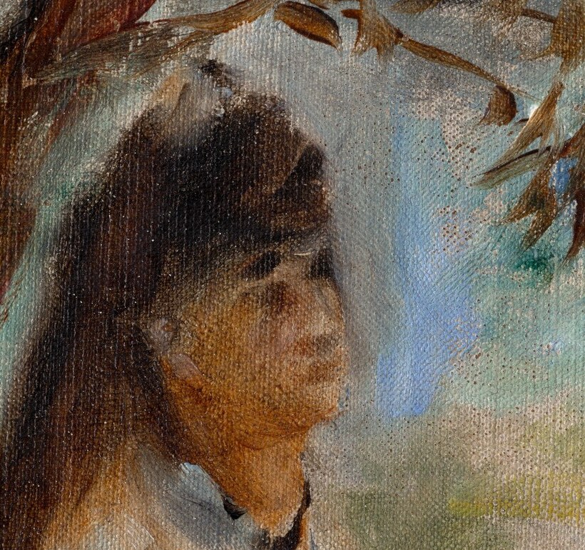 The emotional center of the portrait; her slightly averted gaze creates quiet introspection rather than conventional studio confrontation with the viewer