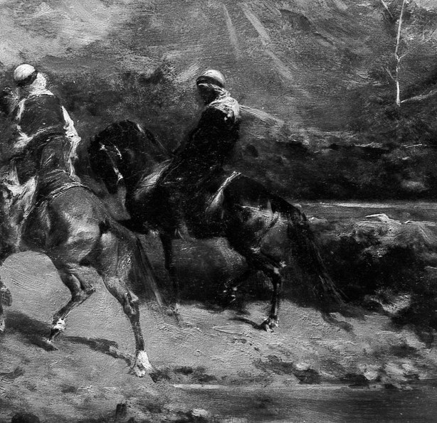 A child leads one of the horses by the reins.