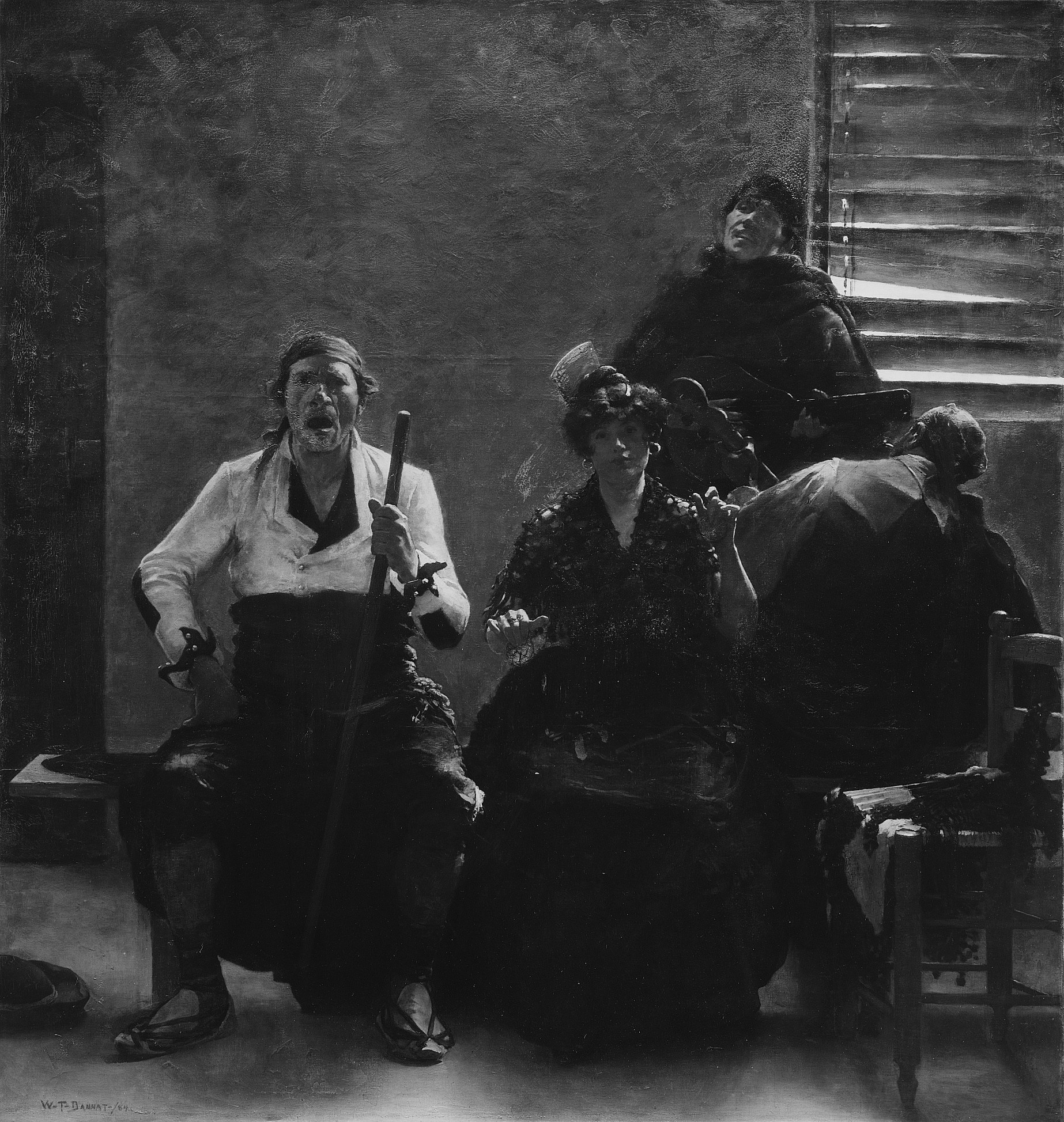 The strong chiaroscuro creates a theatrical mood and emphasizes the figures' forms and expressions.