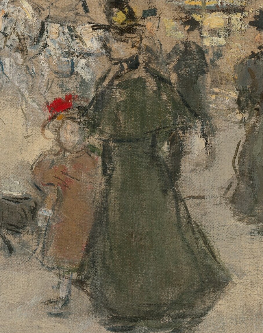 Figures emerge from the crowd, like this woman in green.