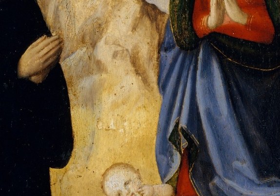 The naked Christ child is the devotional focal point of the central panel , a viewer's eye converges here from every surrounding figure.