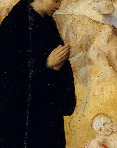 The donor-monk's dark cowl anchors the commission , he is the viewer's surrogate entering the sacred scene, making the devotional function visible.