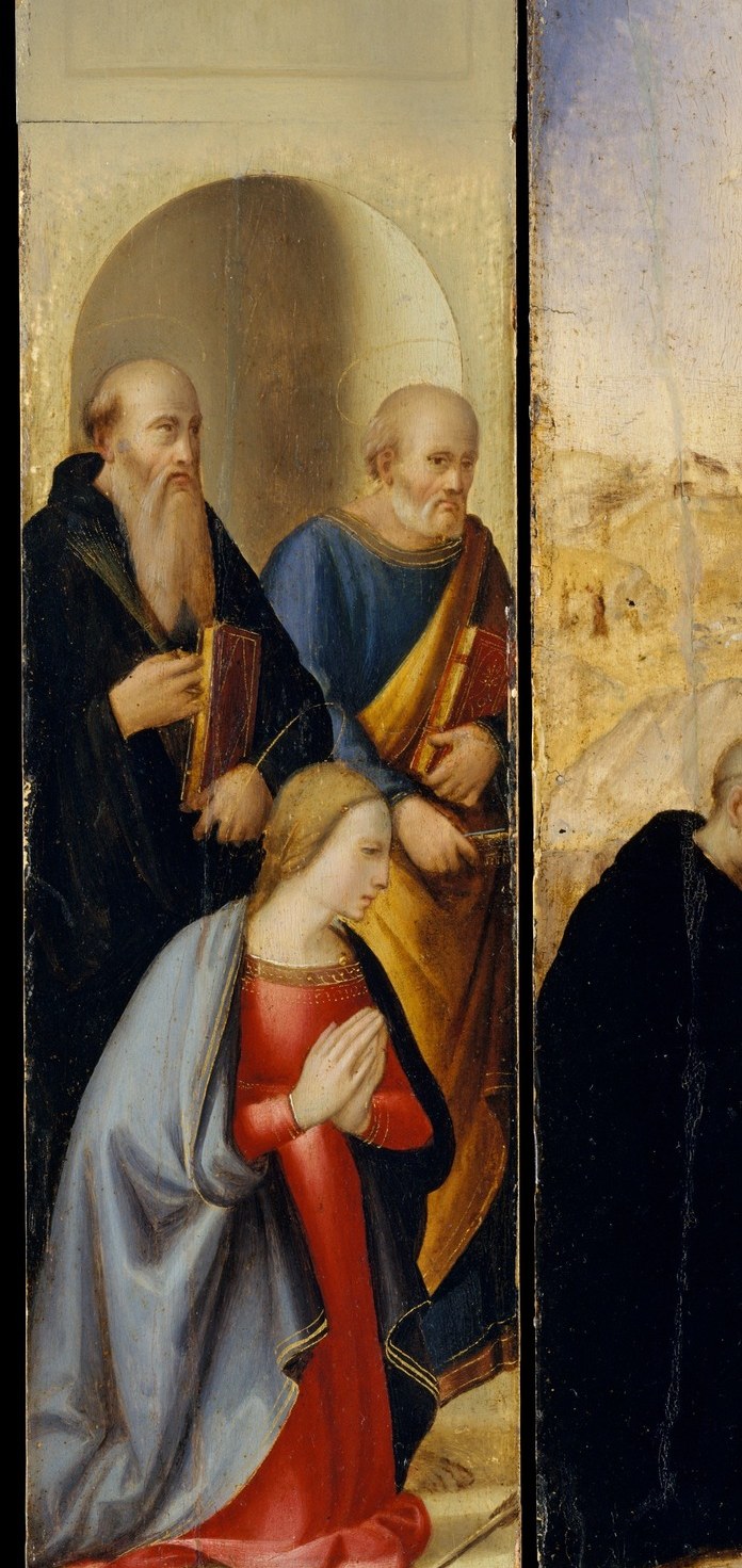 The bearded Saint Peter with his key is immediately identifiable; the multi-saint panel shows Ghirlandaio's skill at fitting hierarchical groups into narrow arched spaces.