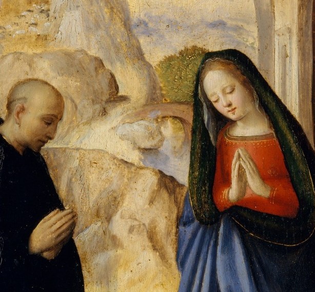Her lowered gaze and folded-hands pose express pure Florentine tenderness; the red robe against the landscape draws the eye immediately.