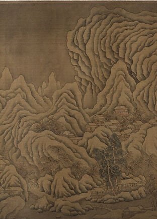 Long curving ink lines cascade downward, contrasting with the rigid mountain geometry; trees in winter scroll tradition signal the season before a single snowflake is painted.