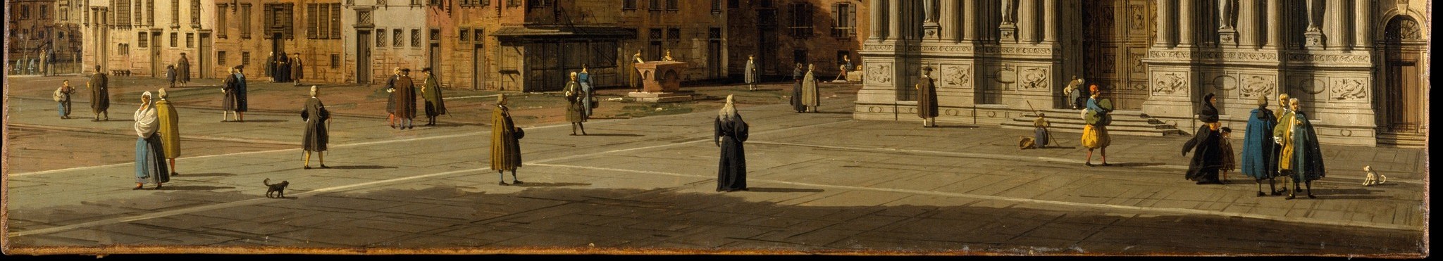 The wide pale expanse of paving is Canaletto's stage for light and shadow; he uses it as a perspective amplifier, pulling the eye deep into the composition.