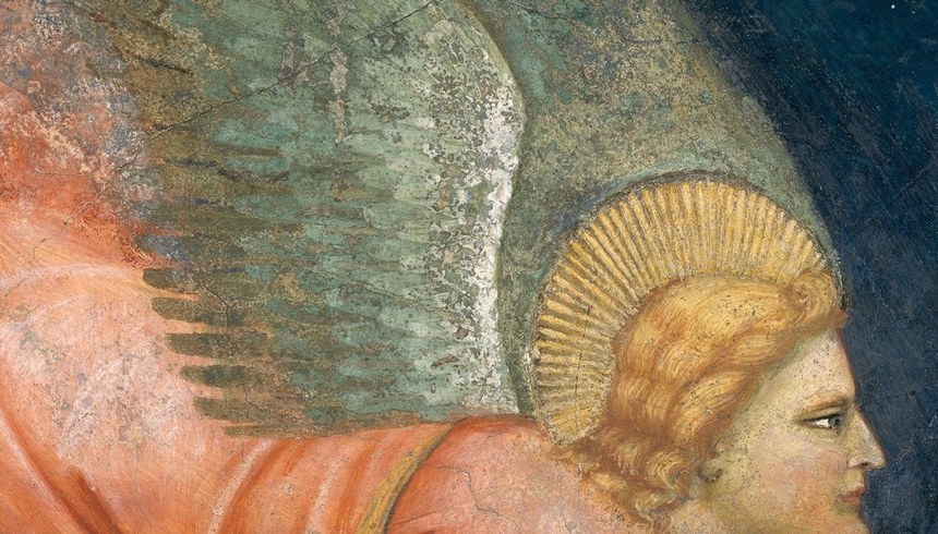 The angel's left wing suggests soft, feathered grace.