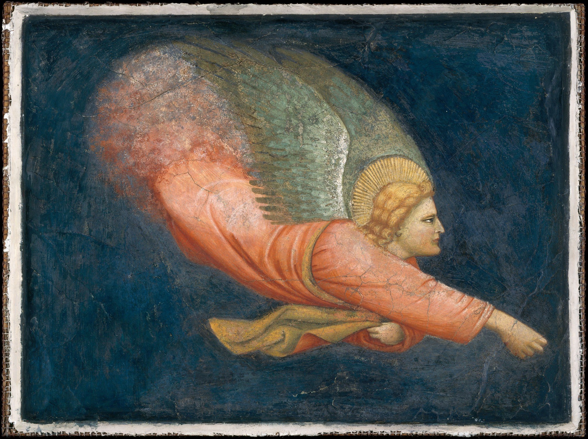 The dark, textured sky provides a stark contrast, making the illuminated angel stand out and suggesting a celestial realm.