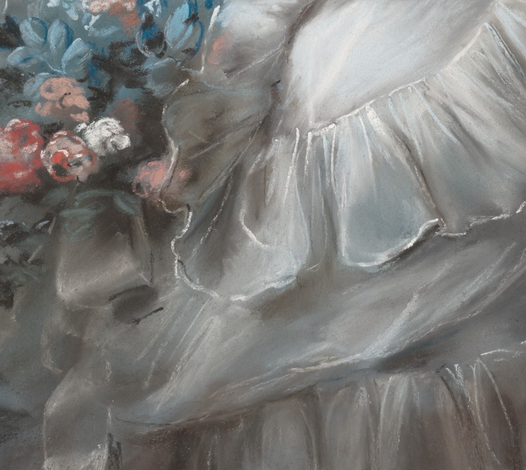 The bouquet is the only strong colour outside her flesh and textile , in 18th-century portraiture, flowers carried coded meaning, likely chosen to celebrate marital fidelity and longevity on a 40th anniversary.