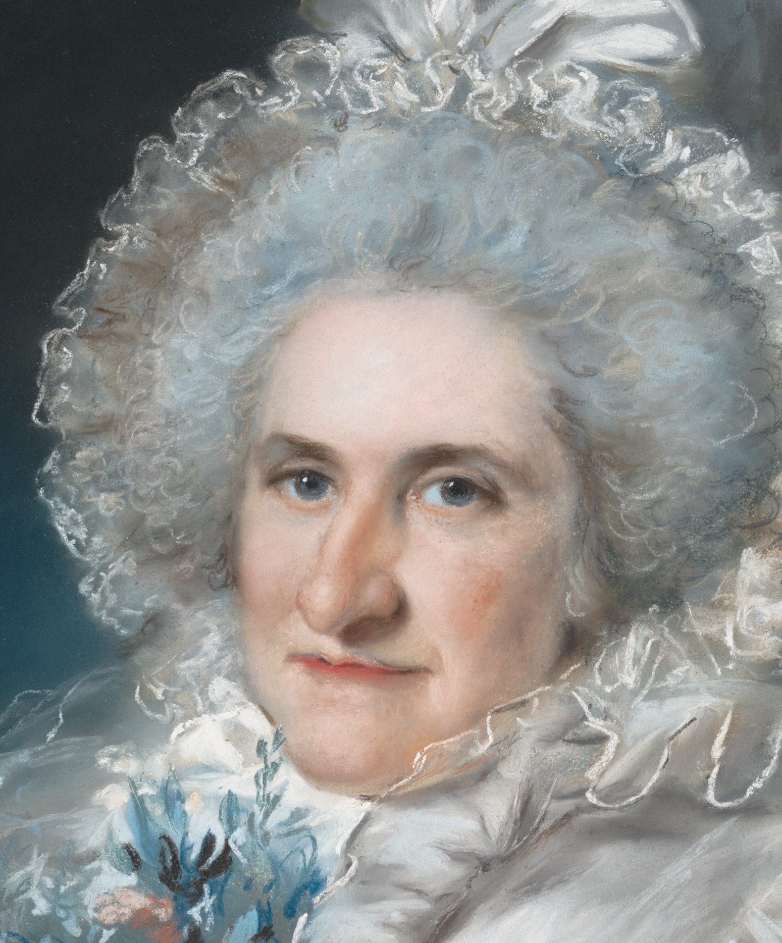 A composed 61-year-old matriarch painted by Russell for her 40th wedding anniversary , the slight rounding of the jaw and calm, direct expression convey dignity without vanity.