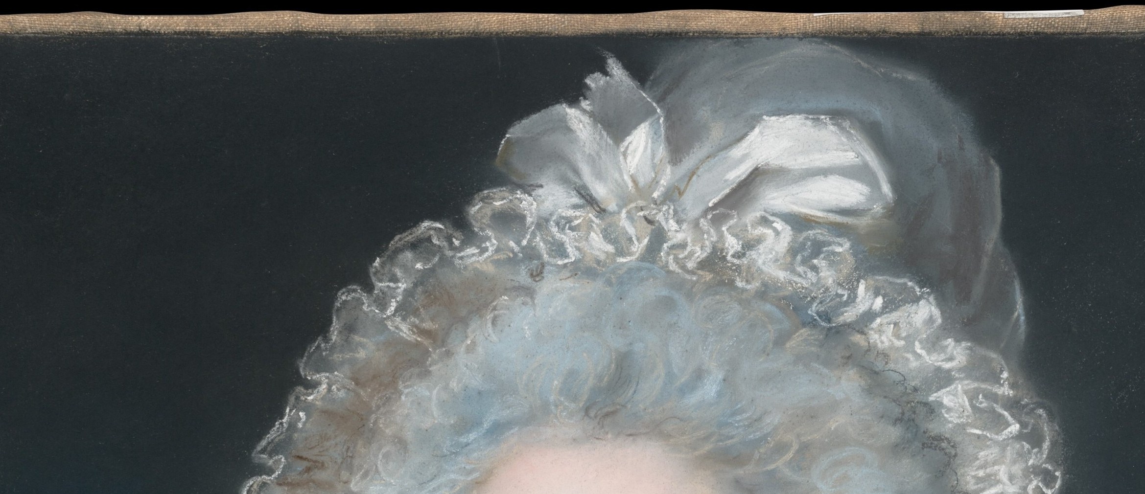 The voluminous cap, fashionable in 1791, frames the face like a halo and demonstrates Russell's pastel mastery at rendering translucent textile over white.