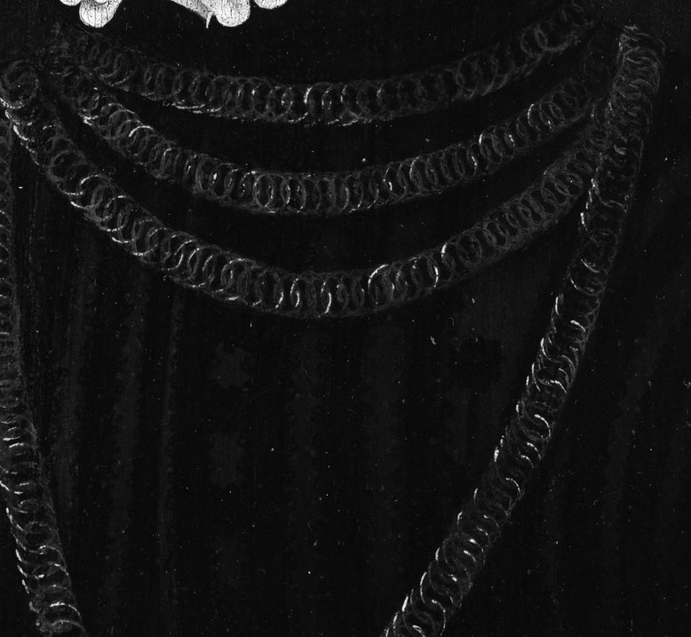 Her starched ruff and layered gold necklaces signal high status.