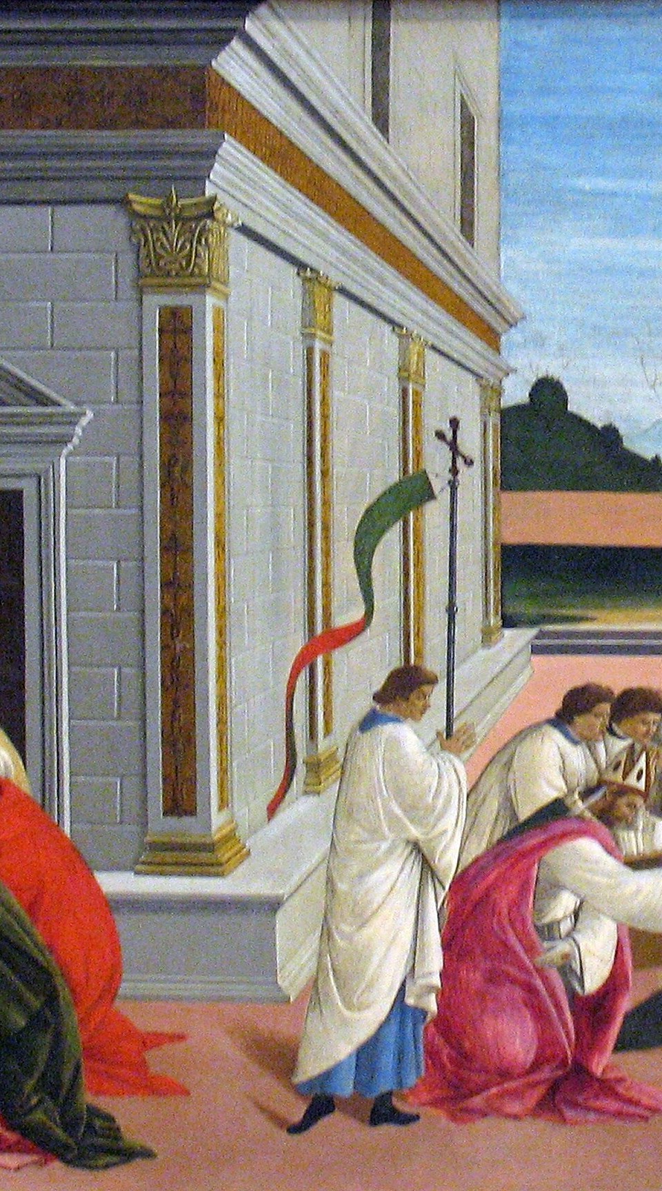 A deliberate compositional device: the building wall acts as a chapter break, allowing Botticelli to narrate three separate temporal events in one continuous strip , a pre-cinematic montage technique.