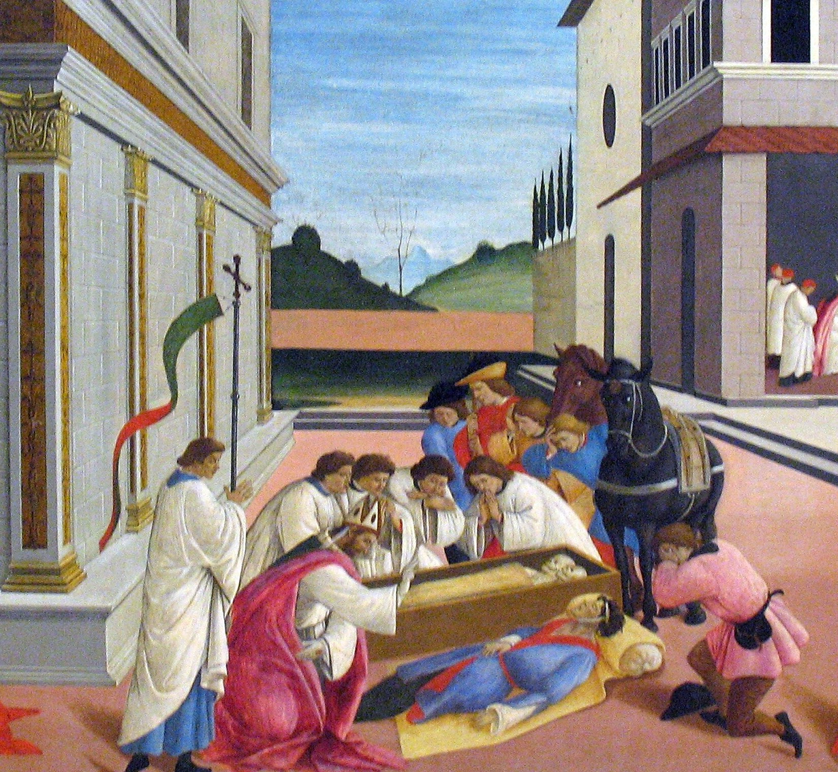 A gallery of Renaissance emotional states , awe, grief, reverence, curiosity , rendered in Botticelli's characteristic linear drapery; the emotional breadth is rare even in his own output.