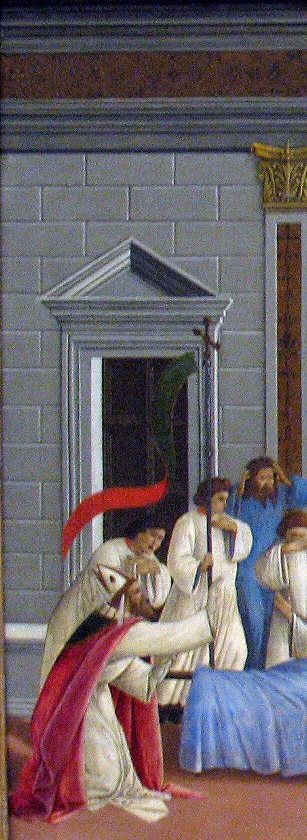 Architectural anchor of the first miracle; the arched niche echoes church iconography and grounds the scene in civic-religious Florence.