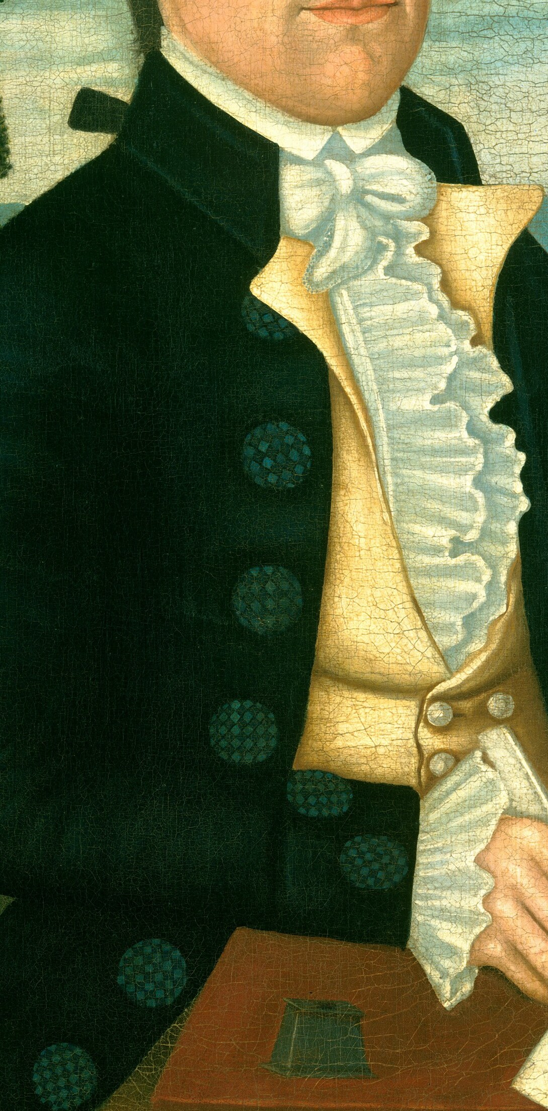 The blue coat and its buttons confirm his military rank and importance.