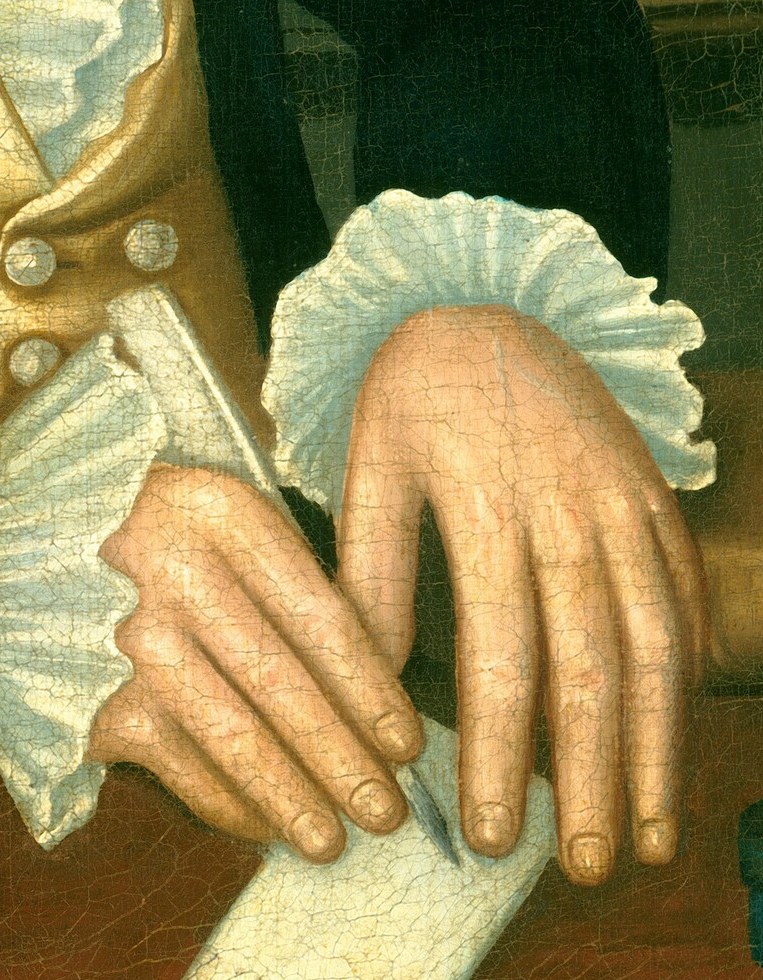 The careful rendering of the hands, holding a paper, suggests a moment of contemplation or official business.