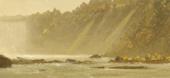 His precise brushwork captures the atmospheric mist and soft light.