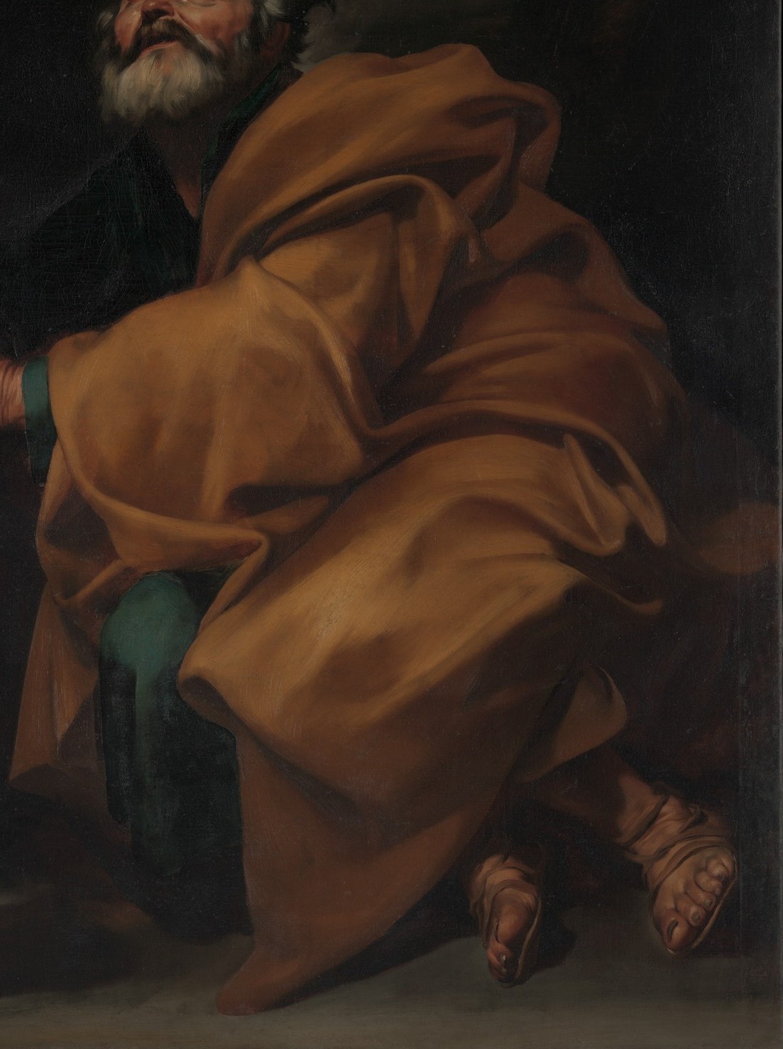 The dramatic folds and rich color create a sense of movement and highlight the figure's emotional state.