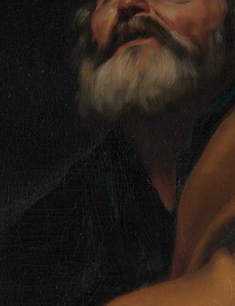 The texture and rendering of the beard suggest age and the weight of his sorrow.