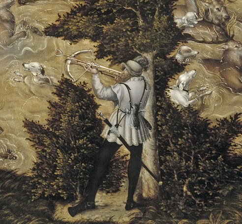 His poised stance and crisp costume freeze the tension of the hunt in a single vertical figure