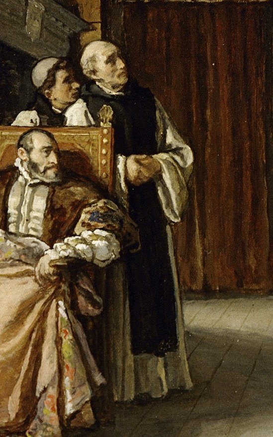 His presence signifies the religious setting and the emperor's retirement to a monastery.
