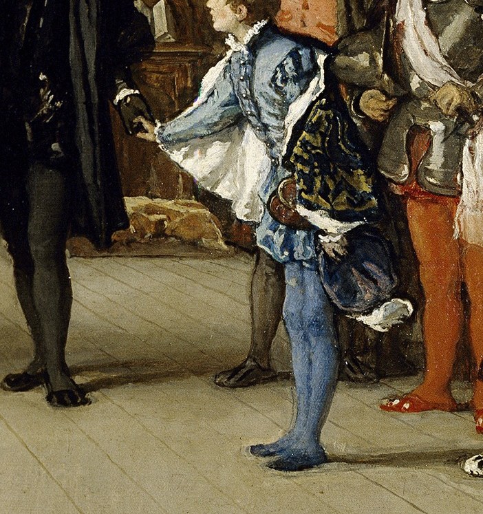 His son, Juan de Austria, kneels before him.