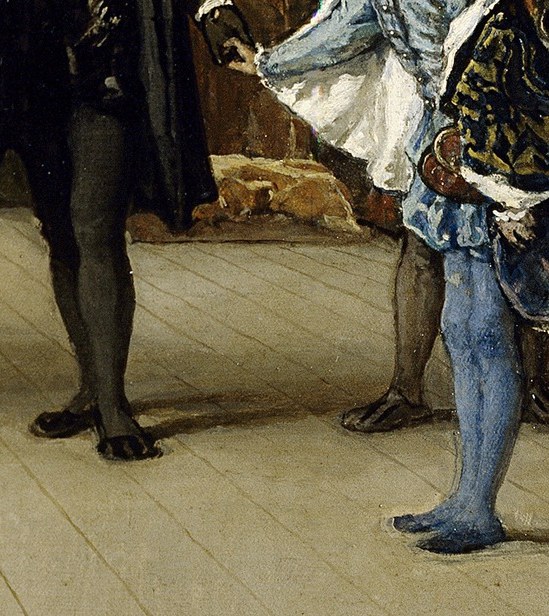 A boy in bright blue stands in the background.