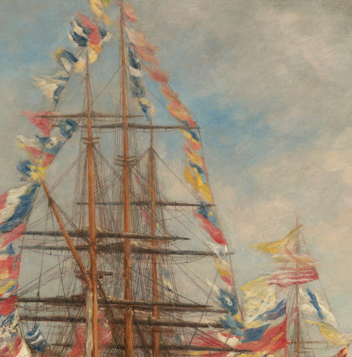 Here, flags adorn ships for a festival in Honfleur.