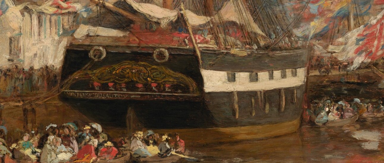 The dark, imposing hull contrasts with the bright flags and sky, grounding the scene.