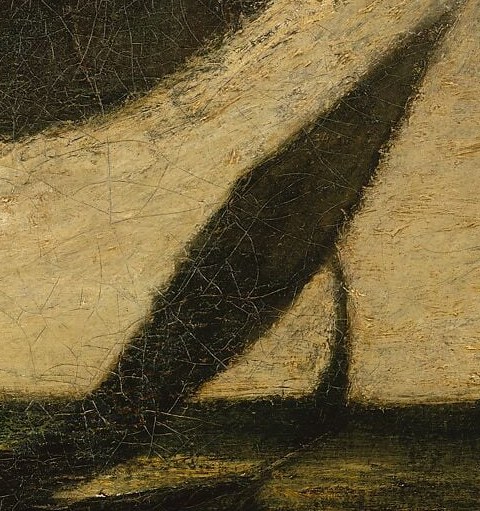 Here, a small boat struggles under a heavy, dark sky.