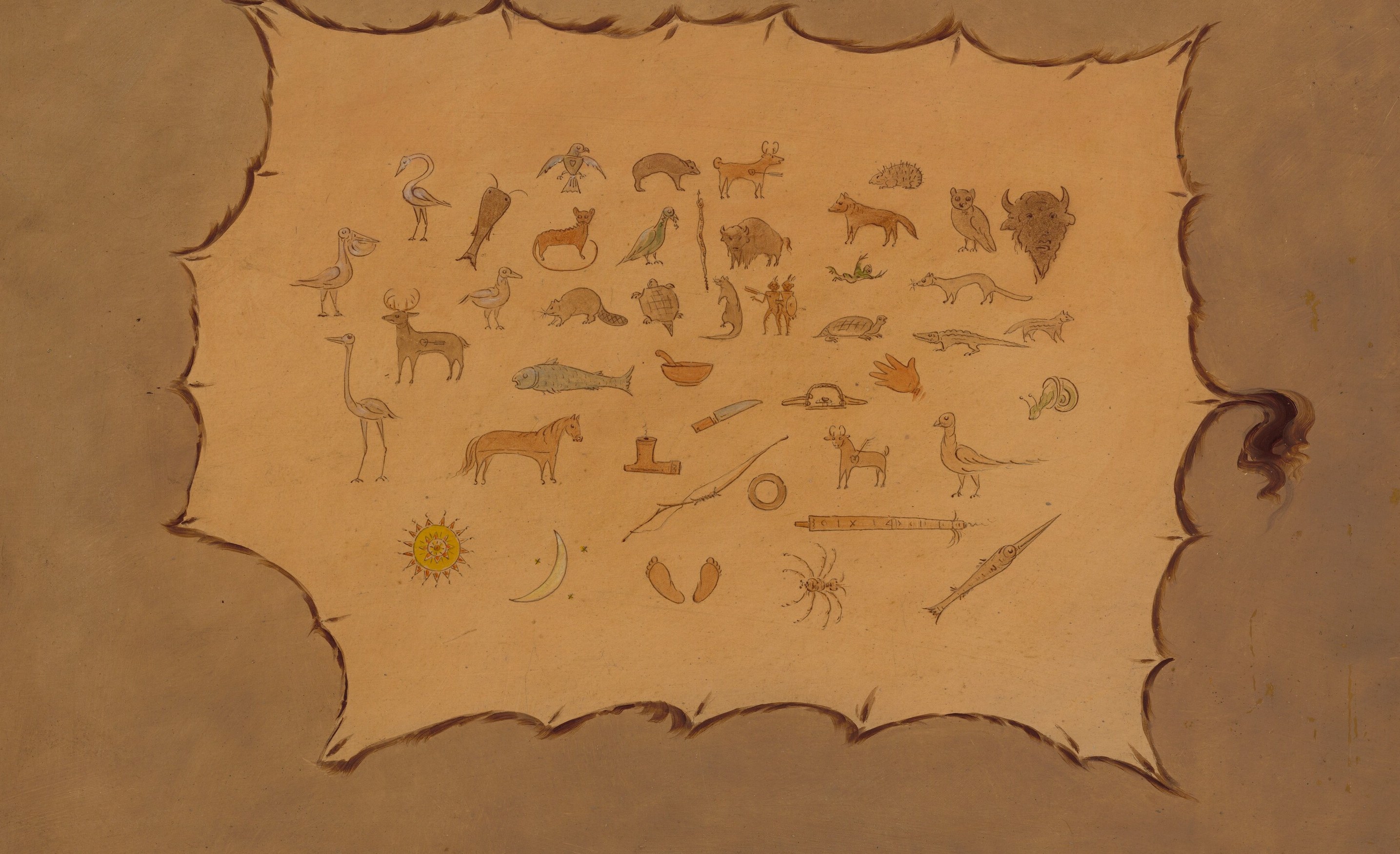 Its wavy border mimics the original animal hide.